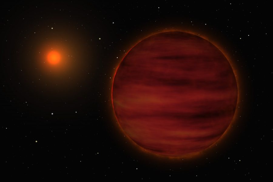 An artists impression of the [[::en:SCR 1845-6357|SCR 1845-6357]] stellar system. The small red star is shown in the background while the newly discovered brown dwarf is at the front.