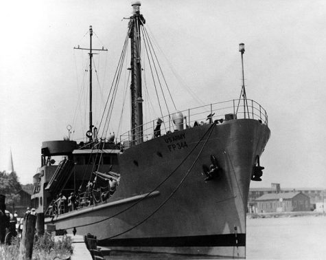 U.S. Army Cargo Vessel FP-344  (1944) Fitting out at the Kewaunee Shipbuilding & Engineering Corp. shipyard, Kewaunee, Wisconsin, circa July 1944. FP-344 was later renamed FS-344. Transferred to the Navy in 1966, she became USS Pueblo (AGER-2). Courtesy of Kewaunee Shipbuilding Corp., 1968. U.S. Naval History and Heritage Command Photograph.