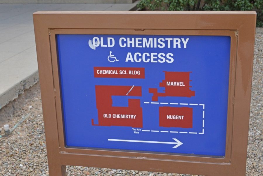 A sign outside of the Chemistry building giving instructions for a wheelchair-accessible location. A report sent to the Board of Regents recommended a $311 million maintenance budget for 2017.
