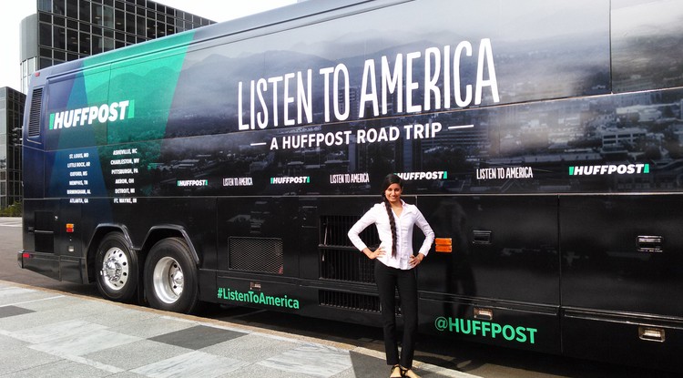 UA alumna Basant Virdee in front of the Listen to America bus.  The tour, which runs between Sept. 12 to Oct. 30 and visits 25 cities, asks people to share their stories.