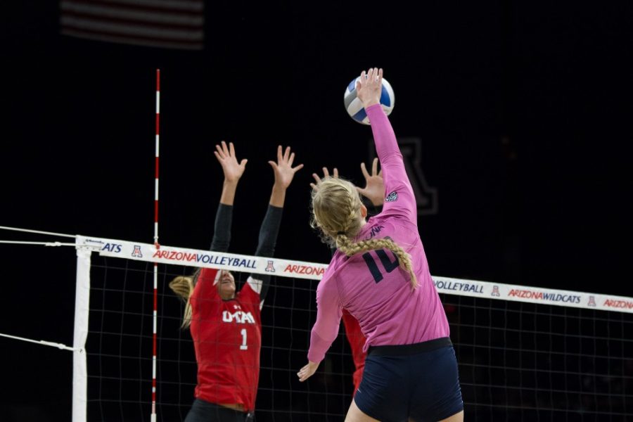 Arizonas+Paige+Whipple+bumps+the+ball+over+the+net+during+the+UA-Utah+game+on+Oct.+13.+Whipple+has+played+in+23+sets+so+far+this+season+posting+49+kills+overall.+