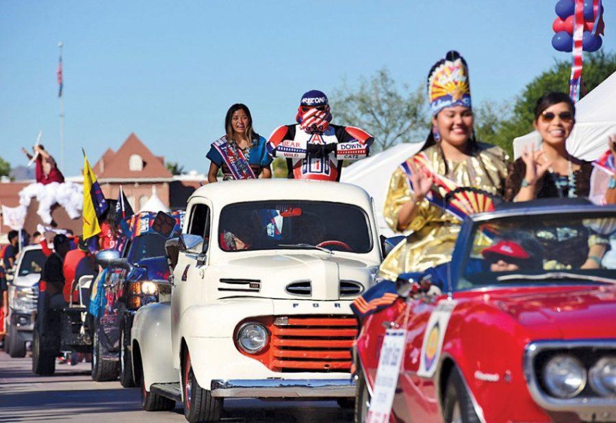 Homecoming floats in the 2016 homecoming parade.