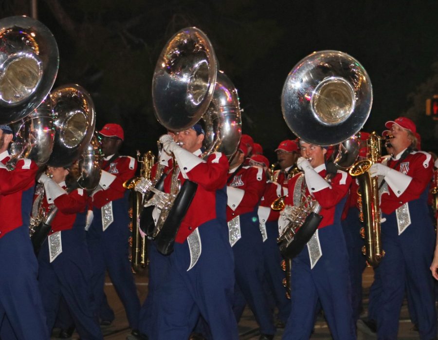 The Pride of Arizona marches down University Avenue on Bear Down Friday during homecoming week Oct. 27.