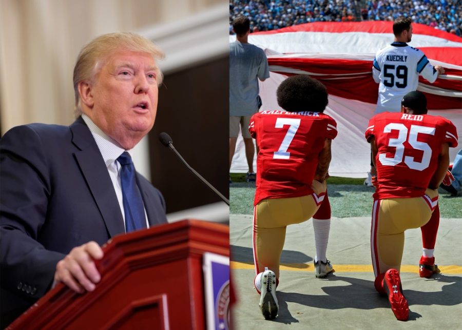  Left: President Donald Trump. Right: San Francisco 49ers quarterback Colin Kaepernick, left, and safety Eric Reid, right, kneel during the playing of the national anthem on Sept. 18, 2016 at Bank of America Stadium in Charlotte, N.C. 