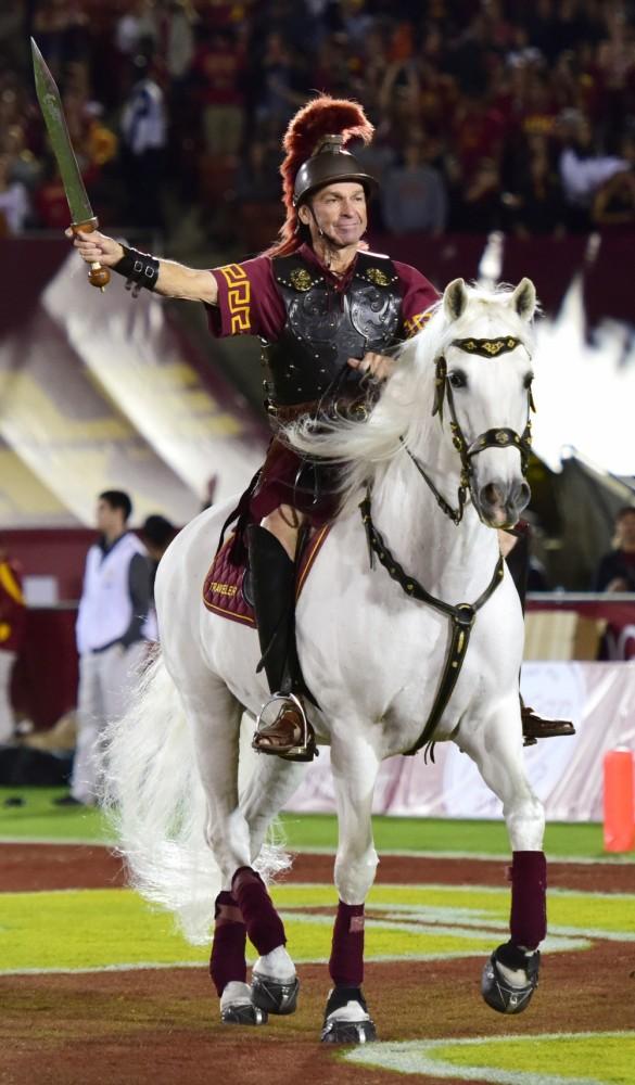 The USC Trojan Horse makes his appearance during pre-game activities at the Los Angeles Coliseum in 2015.