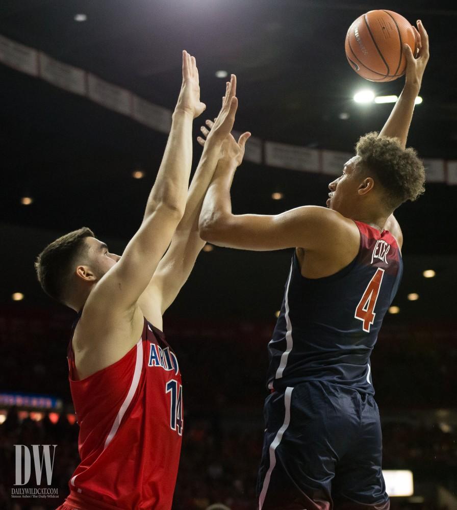 Junior Chase Jeter attemps a hook shot over Dusan Ristic during the McDonald's Red-Blue game on Oct. 20. Jeter transfered to Arizona from Duke.