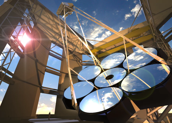 How the Giant Magellan telescope will appear upon completion.  Scientists are constructing giant mirrors that will eventually be assembled in the Andes Mountains to create the largest telescope in the world.