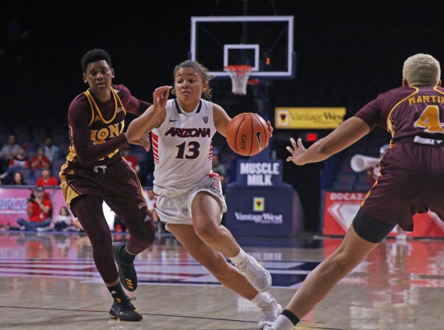 Arizona+freshman+Marlee+Kyles+%2813%29+dribbles+past+two+Iona+defenders+on+Nov.+10+in+McKale+Center.+Kyles+scored+a+total+of+17+points+against+Iona.