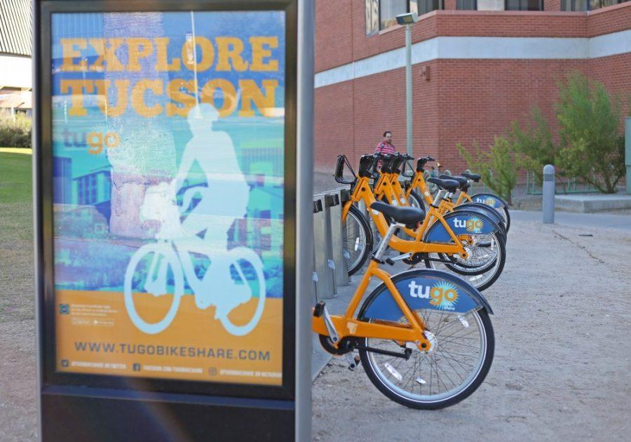 A new Tugo station on University Boulevard near McKale Center. The station is a part of Tucsons new bike sharing campaign.