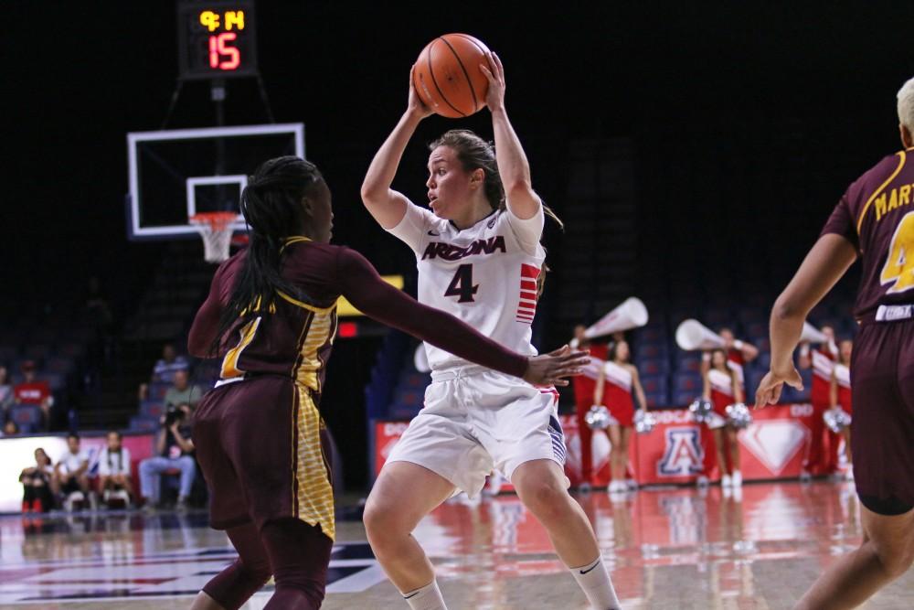 Arizona guard Lucia Alonso (4) passes to a teammate during the Wildcats 71-58 win over Iona on Nov. 10.