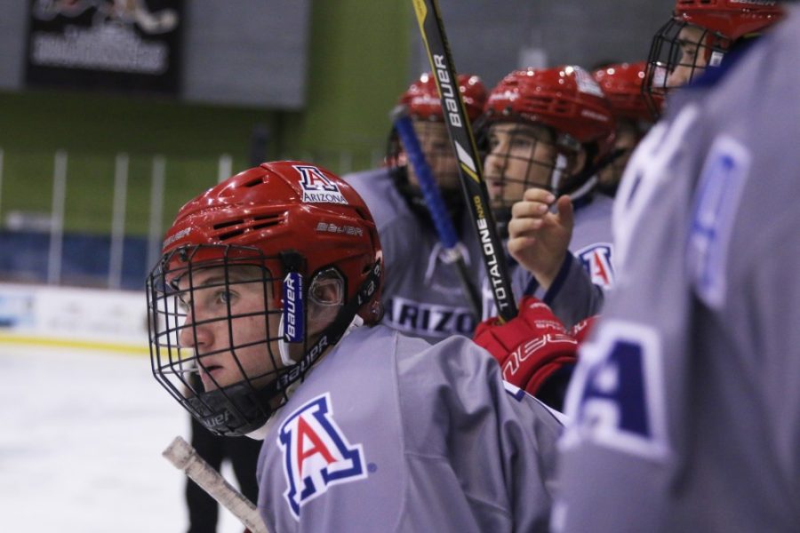 Arizona+hockey+players+watch+the+game+from+the+bench+during+the+UA-CU+game+on+Nov.+2+at+Tucson+Convention+Center.