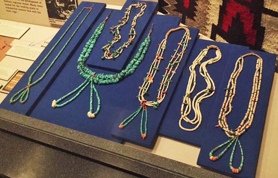 Navajo shell and turquoise necklaces in the Arizona State Museums Paths of Life exhibit, which features the cultures and history of Native American tribes in Arizona.