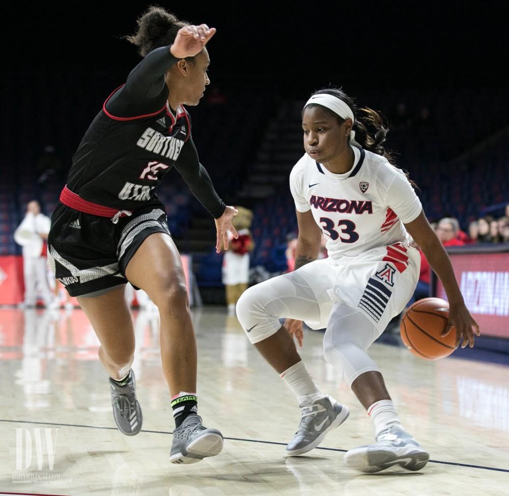 Arizona's Jalea Bennett goes for a behind-the-back crossover to trip up Southern Utah's Kiana Johnson (15).
