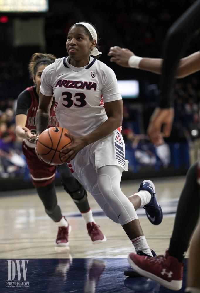 Arizona's Jalea Bennett pounds the paint to try and score against the New Mexico State Aggies on Thursday, December 14. Bennett had 26 points, making 11-17 field goals.