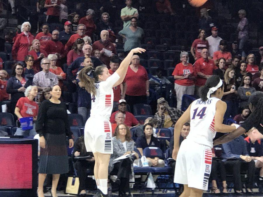 Arizona guard Lucia Alonso takes a shot against San Diego State Sunday, Dec. 3 in McKale Center. The Wildcats lost to the Aztecs to extend their five-game losing streak.