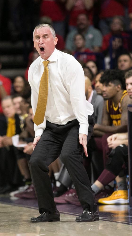 Arizona State Head Coach Bobby Hurley shouts at the referees after a slew of fouls during the UA-ASU game.