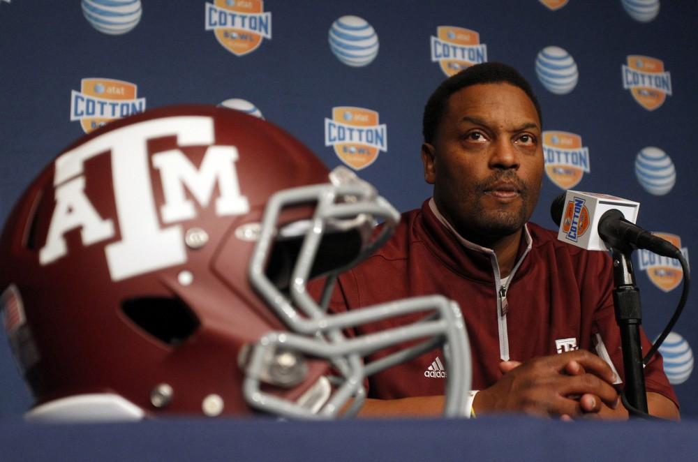 Texas A&M Aggies head coach Kevin Sumlin answers questions from the media during the Cotton Bowl Media Day at Cowboys Stadium Sunday, Dec. 30, 2012. 