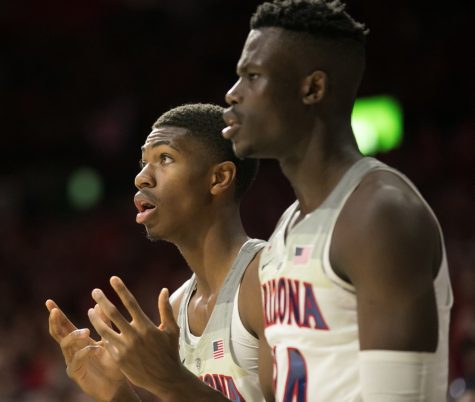 Arizona's Brandon Randolph shows emotion after a foul called on a fellow teammate.
