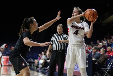 Arizona's Lucia Alonso (4) looks for an open pass to her teammates as the Stanford defender denies her the ball.