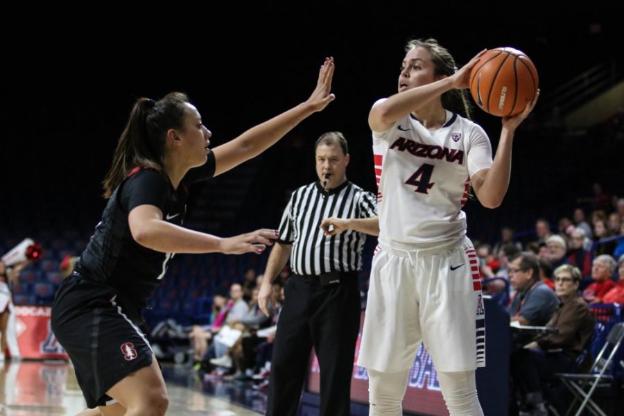 Arizonas+Lucia+Alonso+%284%29+looks+for+an+open+pass+to+her+teammates+as+the+Stanford+defender+denies+her+the+ball.