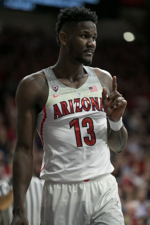 Arizonas Deandre Ayton waggles his finger after an and-one play. Ayton had 20 points and six rebounds
