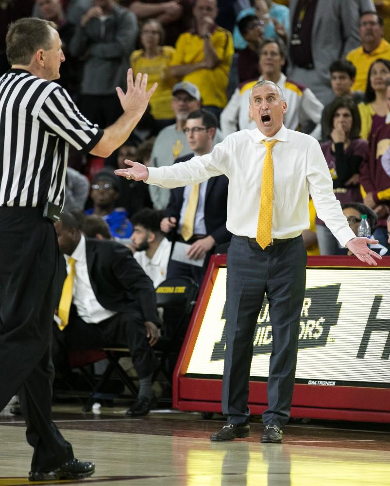 Arizona State Men's Basketball Head Coach Bobby Hurley shouts at a referee during the Arizona-Arizona State game on Thursday, Feb. 15 in Wells Fargo Arena in Phoenix, Ariz.
