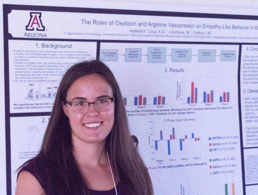 Alissa+Hatfield%2C+a+senior+Physiology+and+Psychology+major%2C+shows+her+project+at+the+GPSC+Research+Showcase+on+the+UA+mall+on+Feb.+22%2C+2017.+Hatfield+was+one+of+more+than+100+students+presenting+at+the+showcase.