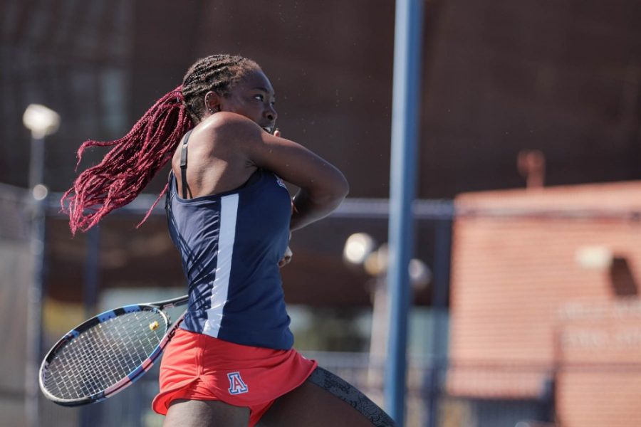 Arizonas Mary Lewis returns a shot to her opponent during a match against The University of Houston on Feb. 11 at the Robson Tennis Center, in Tucson, Ariz.