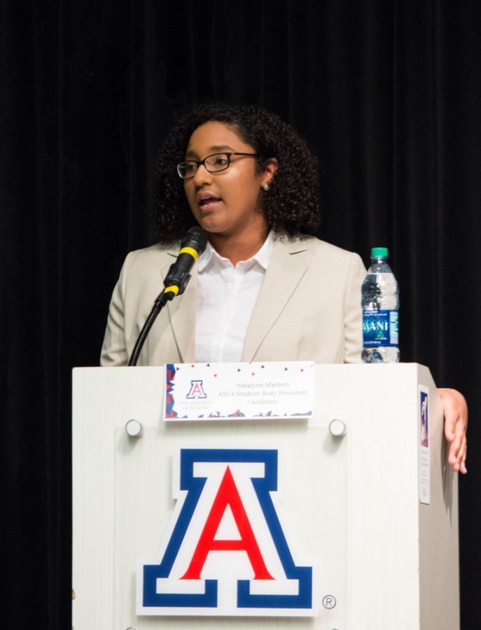 Natalynn Masters speaks to her audience during the ASUA presidential debates this Sunday, Feb. 26 at the Gallagher Theater in Tucson , Ariz.