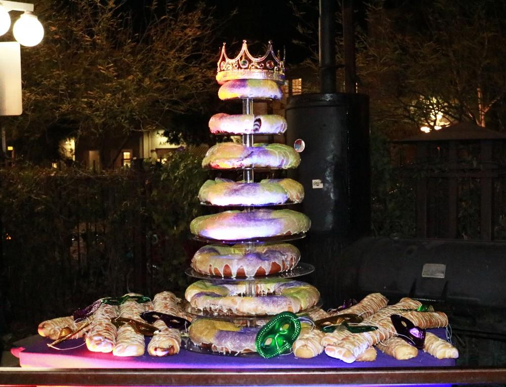 Arizona’s largest King Cake at the Mardi Gras event at Hotel Congress on Tuesday February 13th. King Cakes are decorated with green, yellow, and purple frosting to represent faith, power, and justice and typically have a baby figure in the middle to represent Baby Jesus. 
