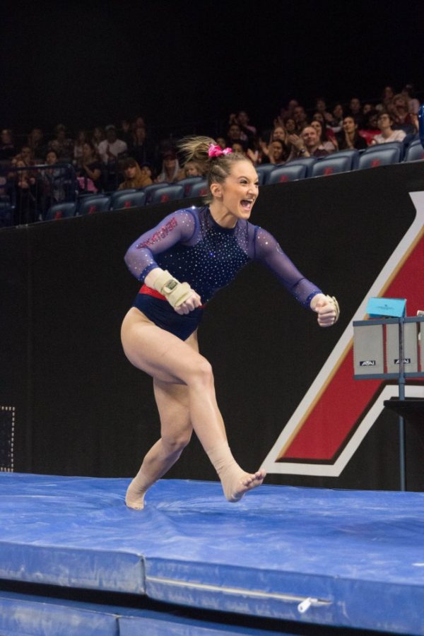 Arizona Gymnastics break their long-lasting losing streak as they defeat Stanford this Sunday, Feb. 11 at the McKale center in Tucson, Ariz. The Cats also celebrated their graduating seniors, as it was their last regular match of the season.