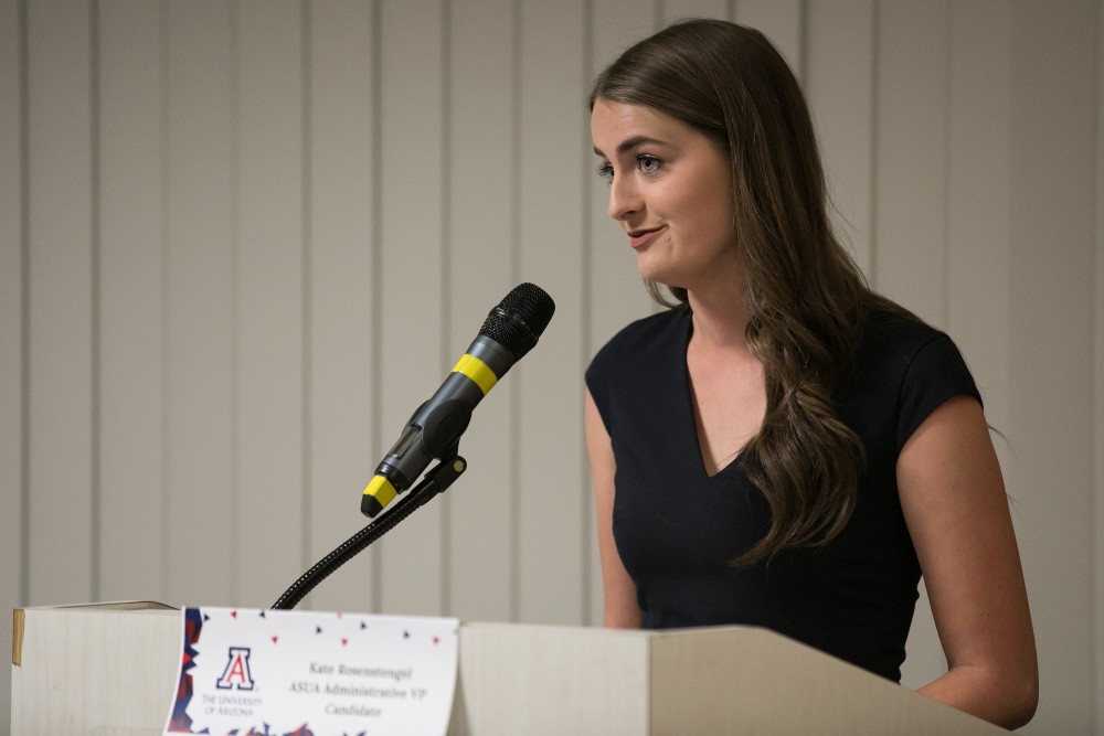 ASUA Administrative Vice President Candidate Kate Rosenstengel speaks about her platform during the AVP debate in the Sabino Room of the Student Union Memorial Center on Friday, Feb. 23.