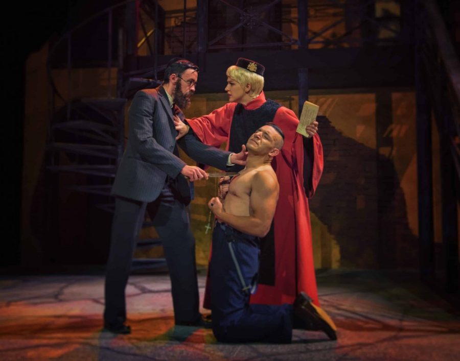 Shylock (Connor Griffin), Antonio (Alec Michael Coles) and Portia (Kelly Hajeck) perform during the Merchant of Venice this Monday, March 13 at the Arizona Repertory Theatre.