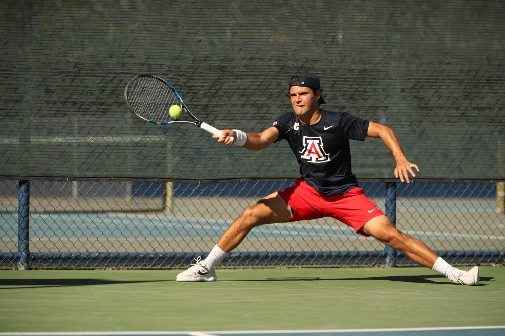 March 6, 2018.  Sophomore Alejandro Reguant during the Wildcats 4-3 win over the UC-Santa Barbara Gauchos.  LaNelle Robson Tennis Center, Tucson, AZ.