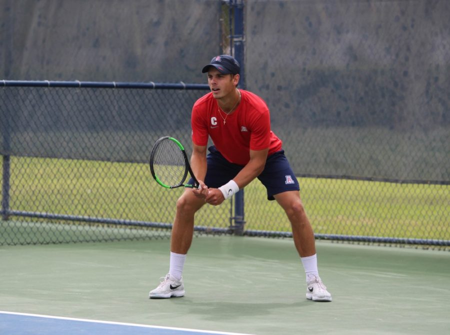 Arizona Junior, Jonas Maier, focuses during the tennis match on March 24.