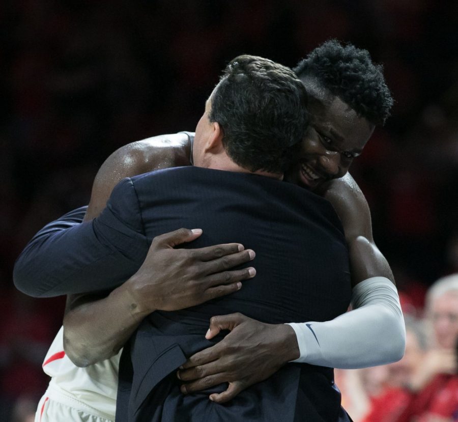 Arizona+Mens+Basketball+Head+Coach+Sean+Miller+and+Deandre+Ayton+embrace+after+the+Arizona-Cal+game+on+Saturday%2C+March+3+in+McKale+Center.