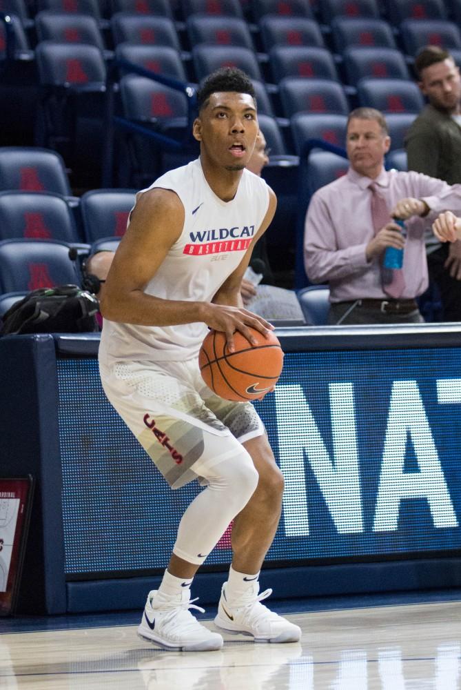 Arizona's Allonzo Trier (35) warms up for the game against Stanford on Thursday March 1 at McKale Center.