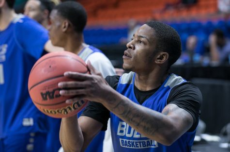 University of Buffalo's Wes Clark warms up during an open practice in Boise, Idaho.