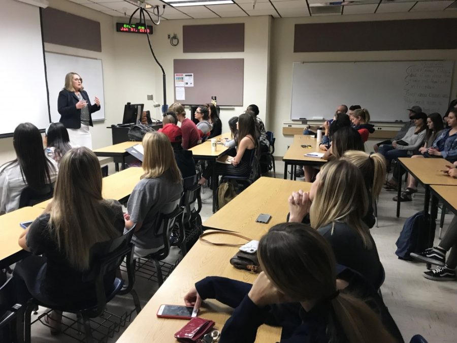 Pam Scott, Associate Vice President of UA Communications, gives a talk at the first meeting of the Arizona Student Public Relations. 
