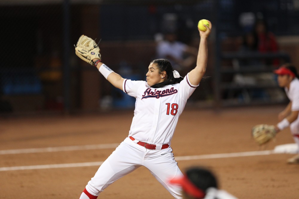 Arizona's Taylor McQuillin (18) pitches the ball during the game against the South Dakota State Coyotes on March 8, 2018 at Hillenbrand Memorial Stadium, Tucson, AZ.  