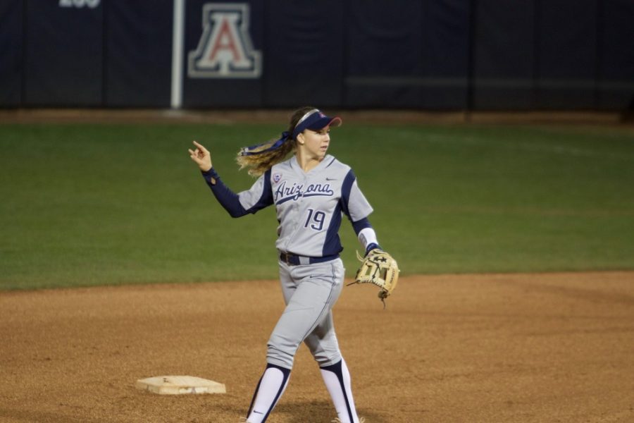 During Saturday’s invitational on Feb. 17, Arizona infielder Jessie Harper, signals to her teammates and prepares for Louisiana’s next batter. Later in the game, Harper hit her fifth homerun of the season.
 