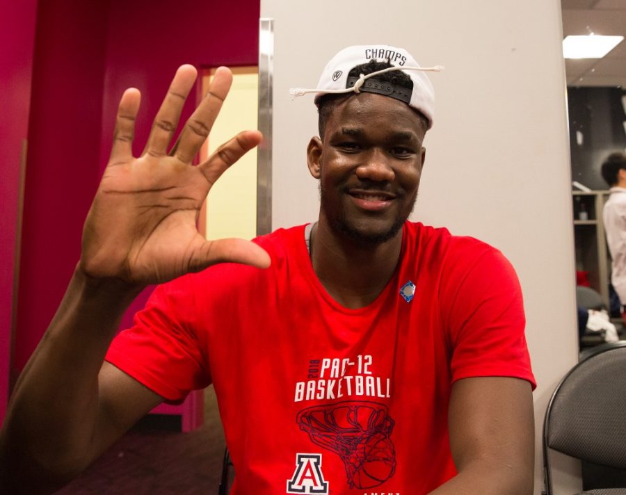 Pac-12 tournament MVP Deandre Ayton celebrates in the Arizona locker room after a 75-61 victory over USC in the Championship game at the 2018 Pac-12 Tournament on Saturday, March 10 in T-Mobile Arena in Las Vegas, Nev. 