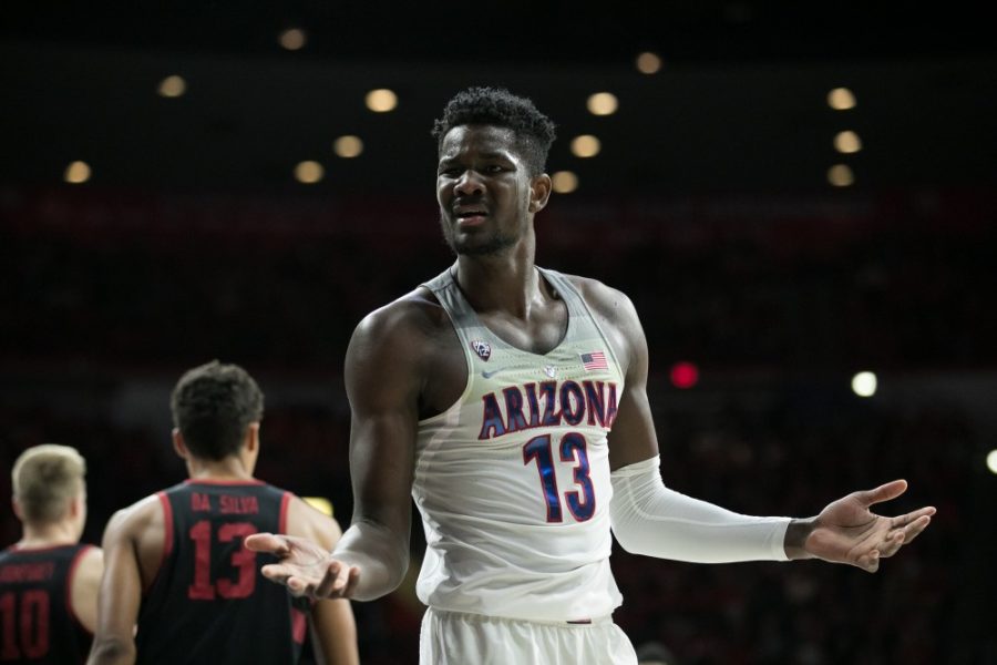 Arizonas+Deandre+Ayton+%2813%29+makes+a+face+after+a+foul+is+called+during+the+first+half+of+the+Arizona-Stanford+game+on+Thursday%2C+March+1+at+McKale+Center+in+Tucson%2C+Ariz.