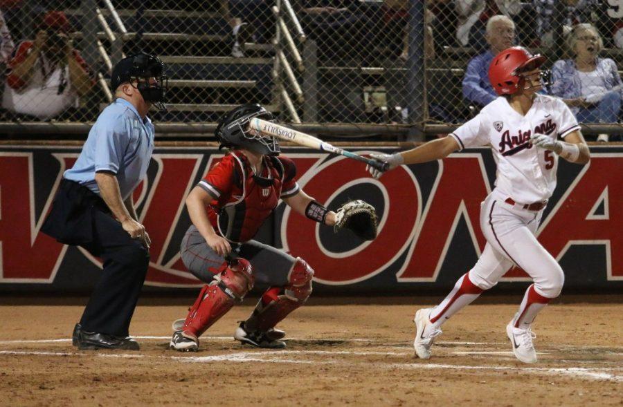 Arizonas Reyna Carranco (5) swings through a pitch during the Arizona-St. Francis game of the NCAA championship Tournament on Friday May 18 at the Rita Hillenbrand Stadium in Tucson, Ariz.