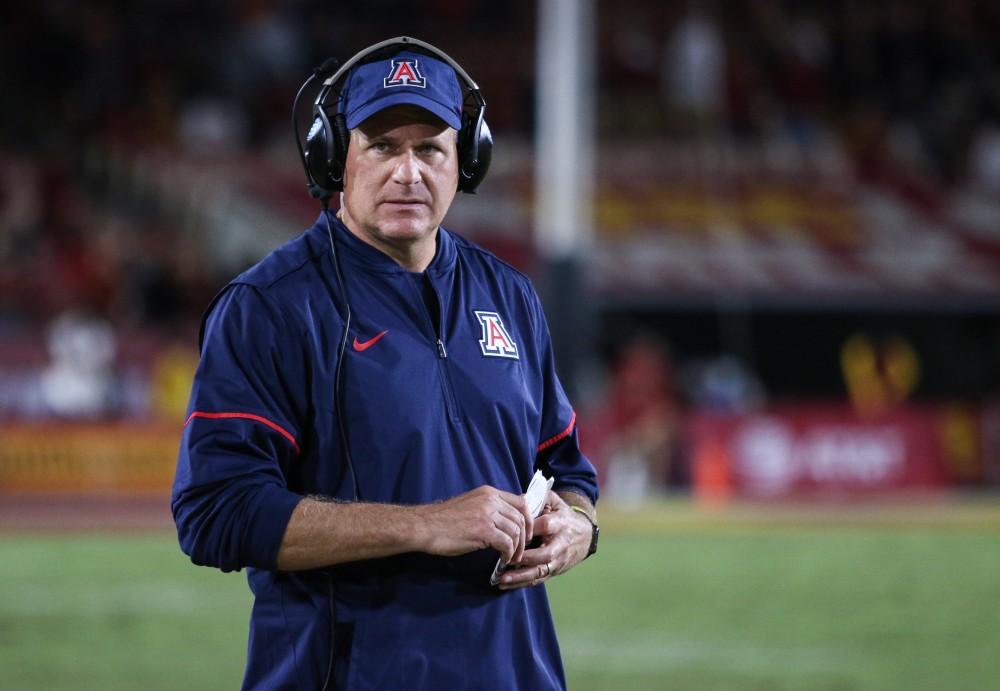 Arizona Head Coach Rich Rodriguez looks onto his team towards the end of the UA-USC game.