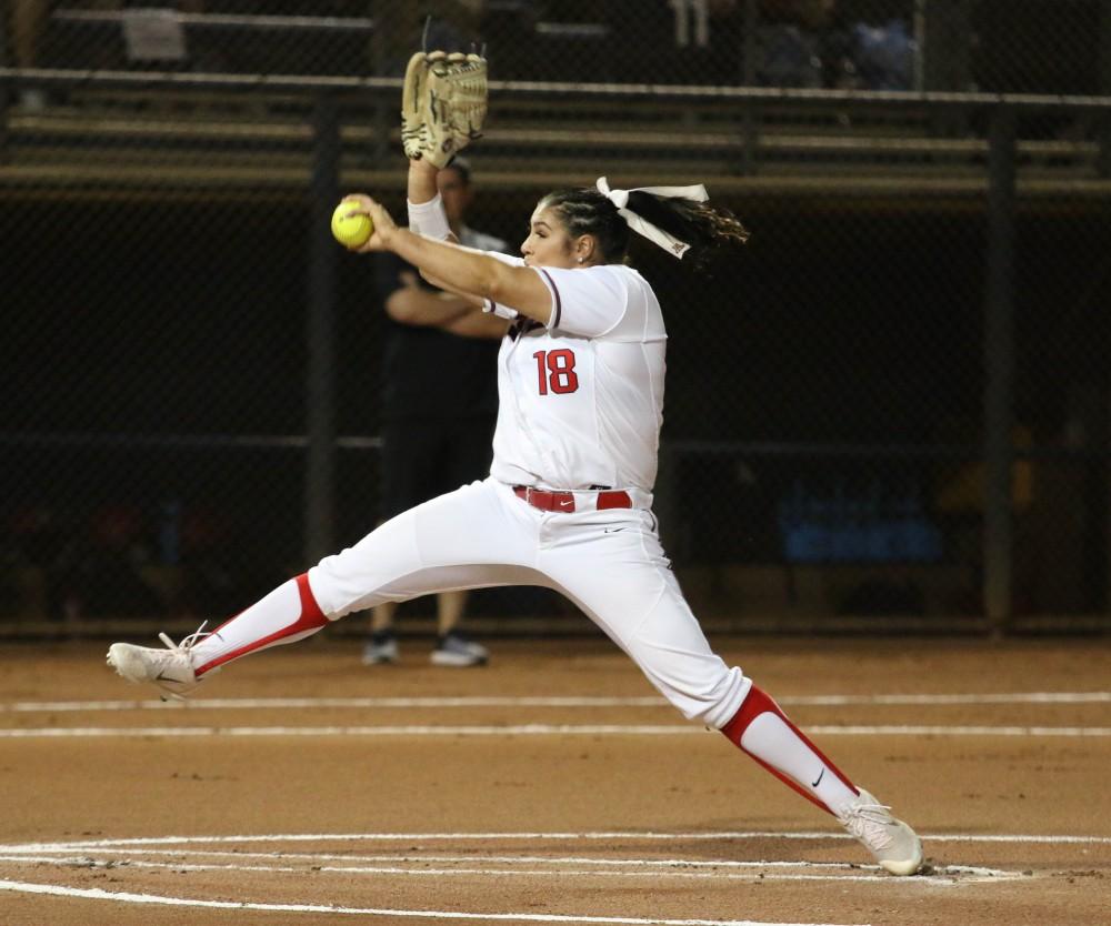 Taylor McQuillin (18) pitches during the first inning of the Arizona-St. Francis game of the NCAA championship Tournament on Friday May 18 at the Rita Hillenbrand Stadium in Tucson, Ariz.