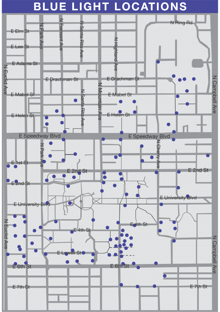 With more than 240 Emergency Blue Light Telephones dotting the UA campus landscape (and more to come with inevitable construction), here is a map of where you can find these devices. 
Note: since some EBLTs are clustered together, not all the devices are accounted for.
