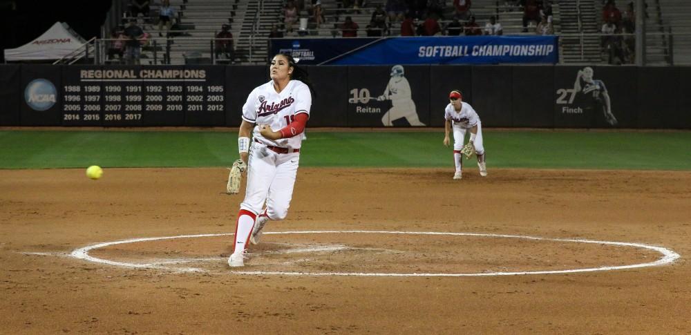 Arizona's Taylor Mcquillin (18) pitches during the third inning of the Arizona-St. Francis game of the NCAA championship Tournament on Friday May 18 at the Rita Hillenbrand Stadium in Tucson, Ariz.