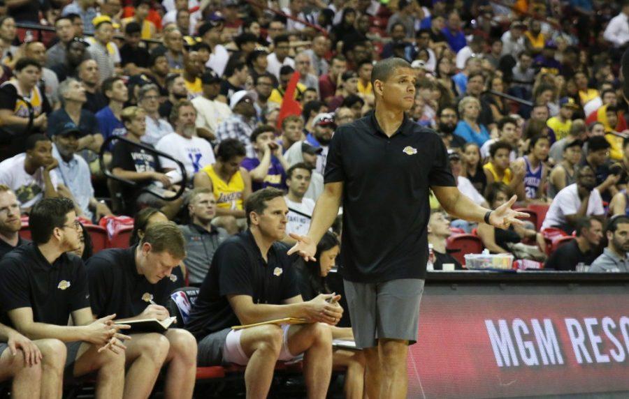 Los Angeles Lakers head coach Miles Simon shrugs his shoulders on the sidelines during a Summer League game against the Philadelphia 76ers on July 7, 2018 at the Thomas & Mack Center in Las Vegas, Nev. 