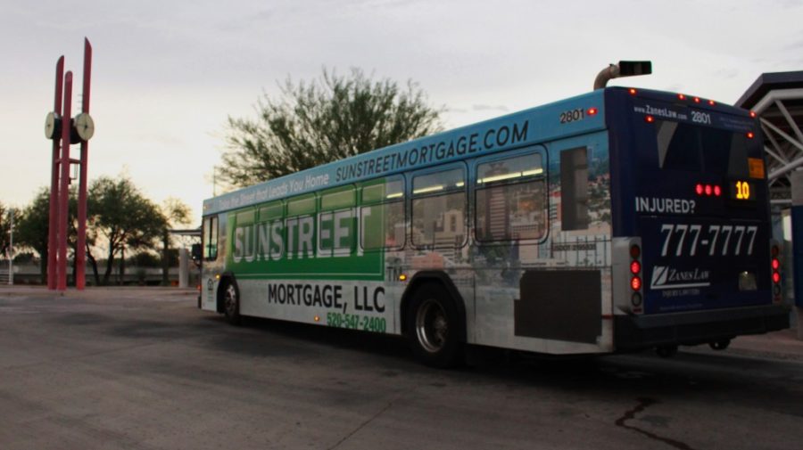 A Sun Tran bus leaves the Tohono Tadai Transit Center on Route 10. The route goes from La Canada Drive to Sixth Street and Stone Avenue. 